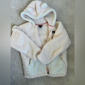 Patagonia pink hoodie with cute bear ears attached.